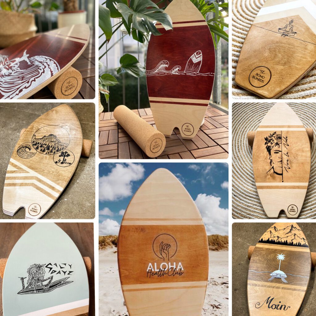 Eine Fotocollage von Personalisierten Balance Boards von The Boho-Boards