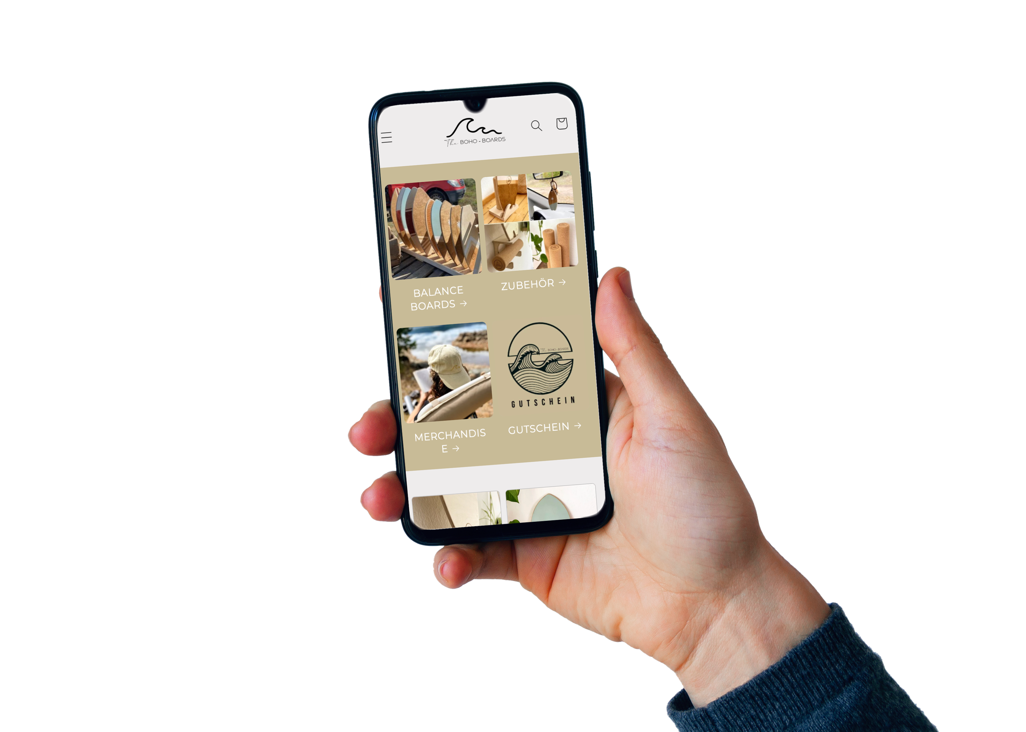 Mobile Ansicht der Website von The Boho-Boards - Hand mit Handy